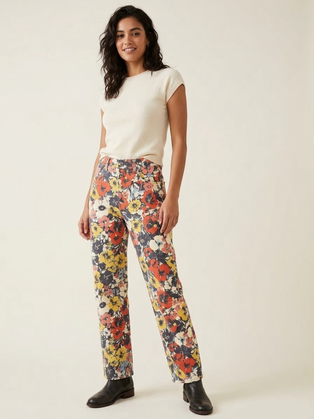 We The Free Floral Straight-Leg Jeans in Orange, Yellow & Gray